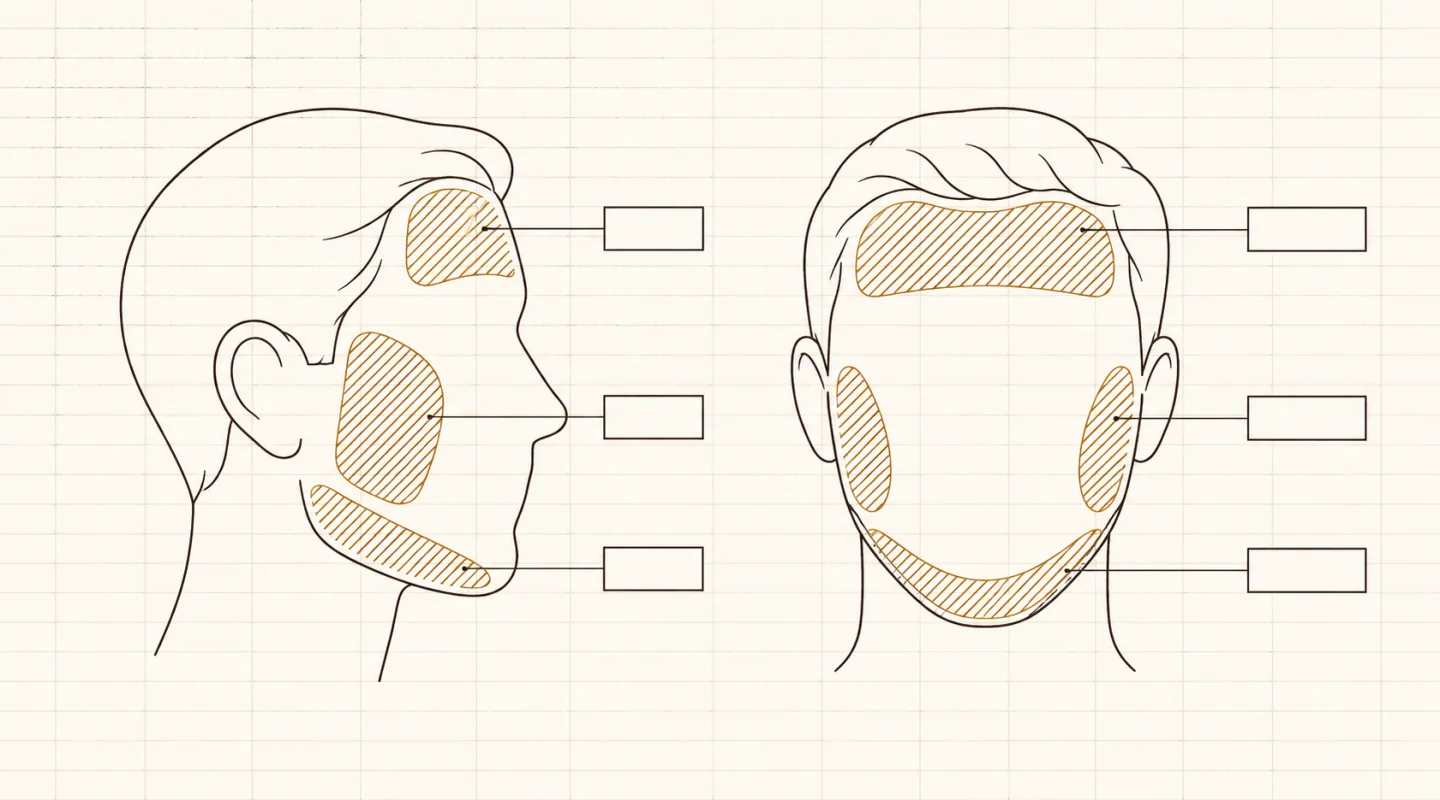 Schéma au trait d’un visage de profil et de face, sans yeux ni traits, trois zones hachurées d’ocre sur le front, la joue et la mâchoire, reliées à des étiquettes vierges