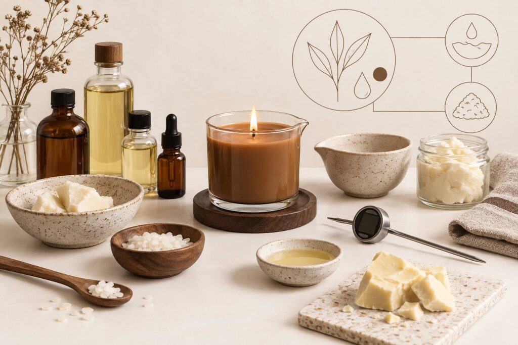 Bougie de massage et huiles végétales avec un thermomètre de préparation