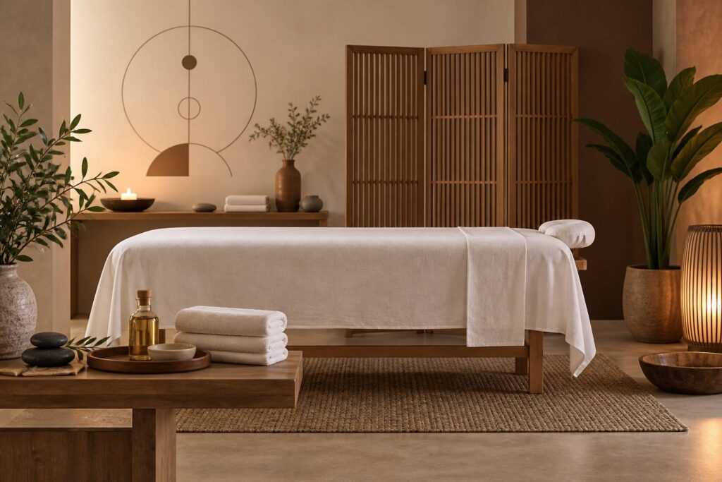 Cabine de massage avec table recouverte d'un drap et serviettes pliées