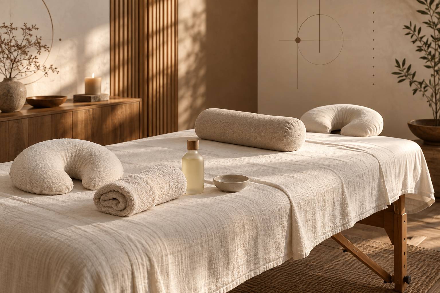 Détail de coussins de maintien et d'une huile de massage neutre