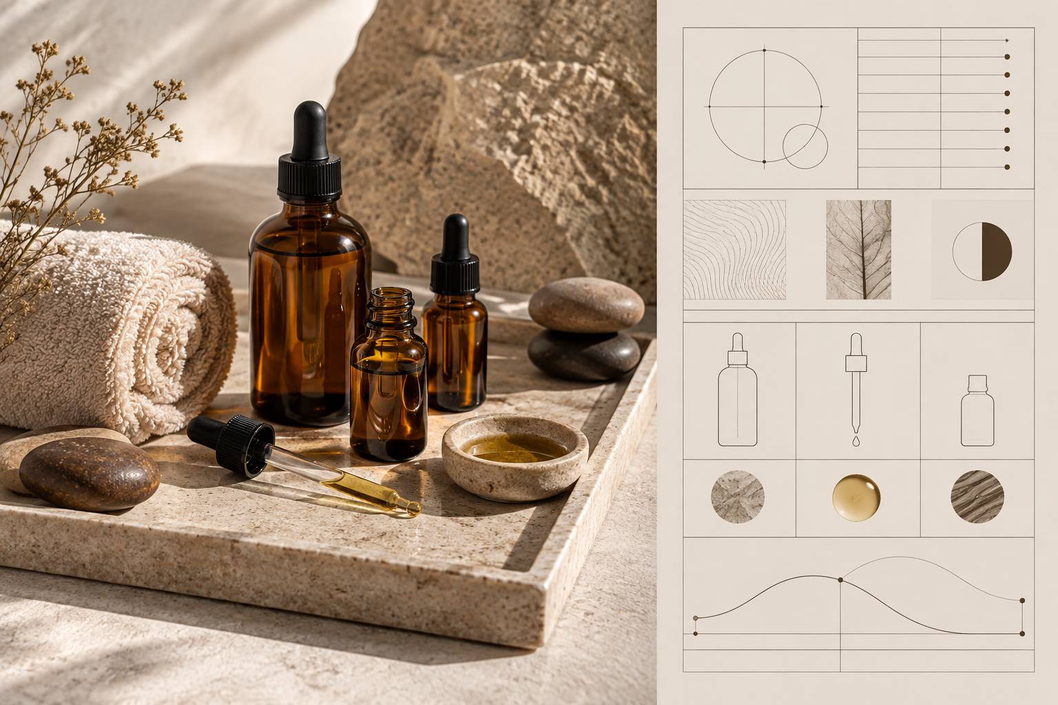 Flacons d'huile et grille de protocole de massage relaxant