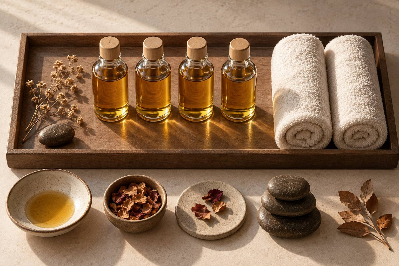 Flacons d'huile de massage sans étiquette sur un plateau