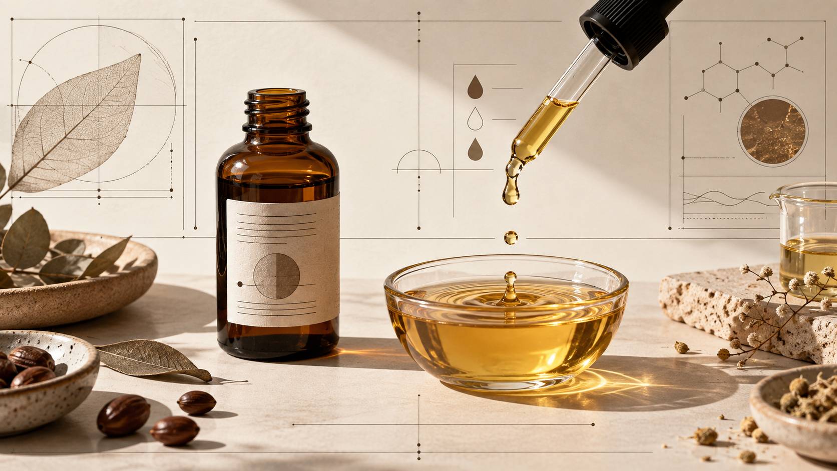 Gouttes d'huile essentielle diluées dans un bol d'huile végétale