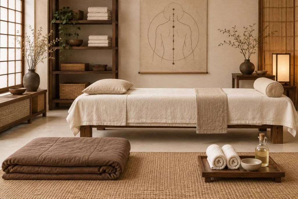 Espace d'acupression avec futon, table de soin et coussins