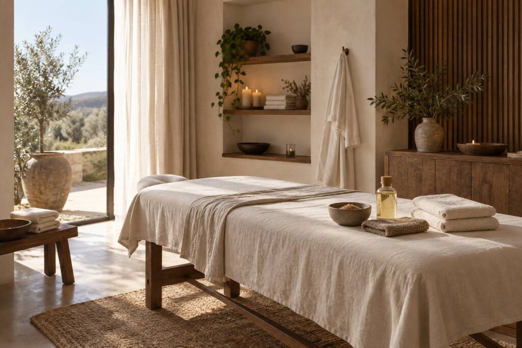 Produits de gommage et huile de massage sur une table de cabine de soin claire