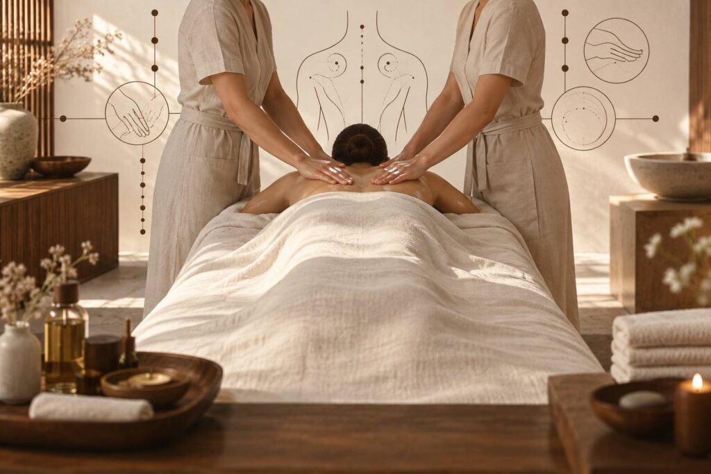 Illustration éditoriale du sujet : Massage à quatre mains : synchronisation, durée et surcoût relevé
