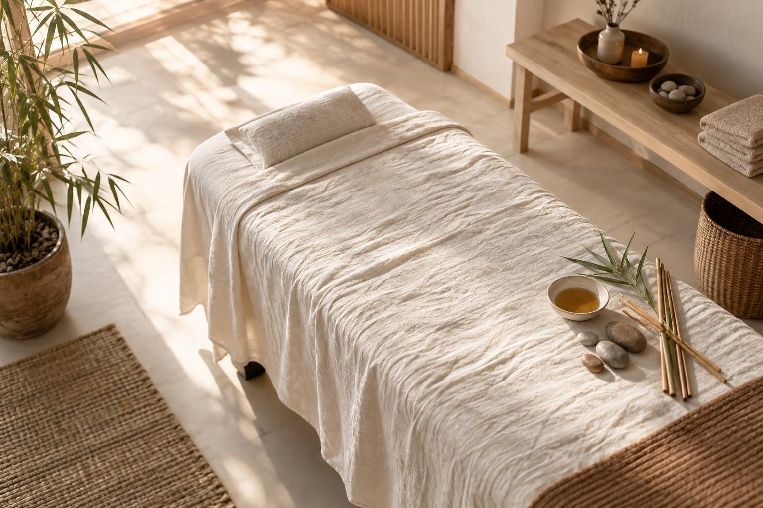Table de soin vide avec bambous en eventail et coupelle d'huile