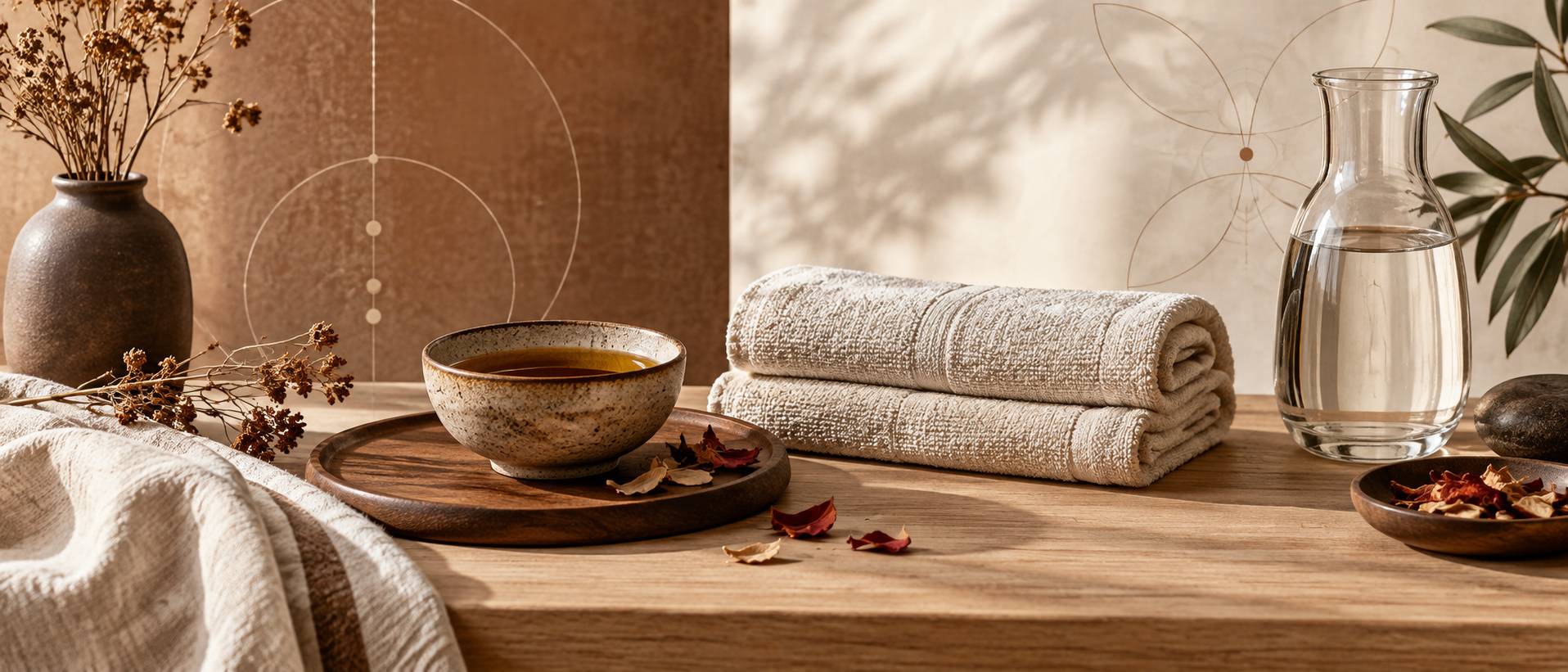 Cabine de soin calme avec table de massage, serviettes pliees et flacons d'huile