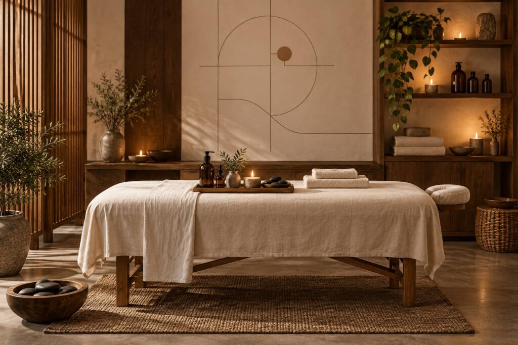Cabine de soin calme avec table de massage, serviettes pliees et flacons d'huile