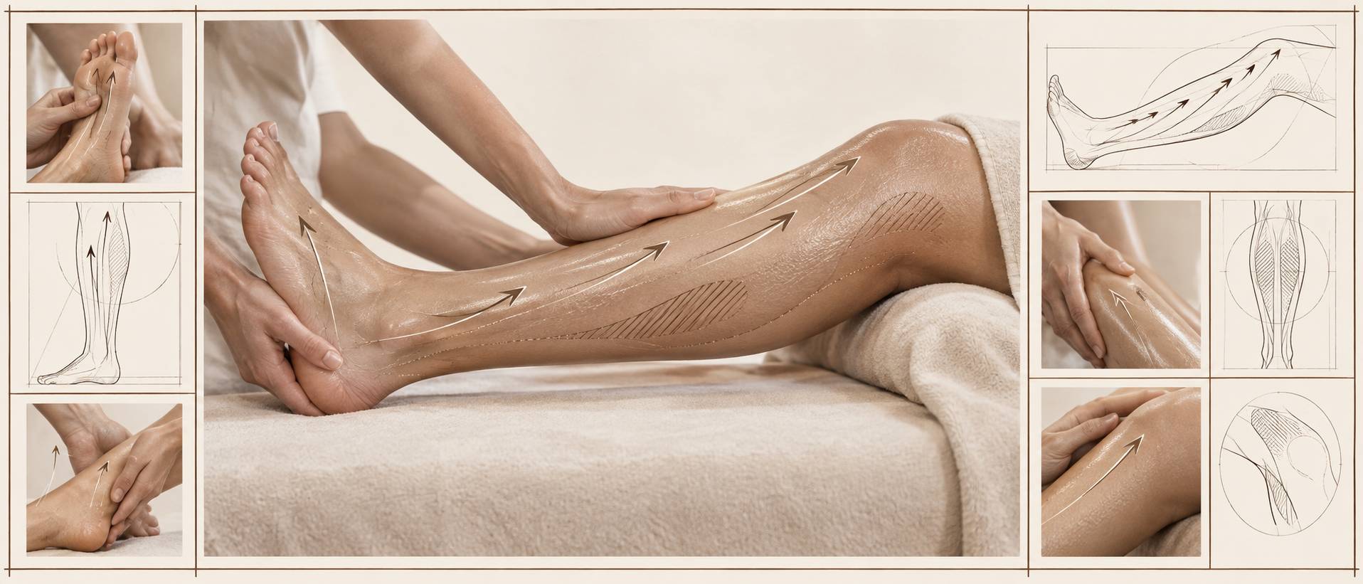 Illustration éditoriale du sujet : Massage des jambes : sens des manœuvres et zones écartées