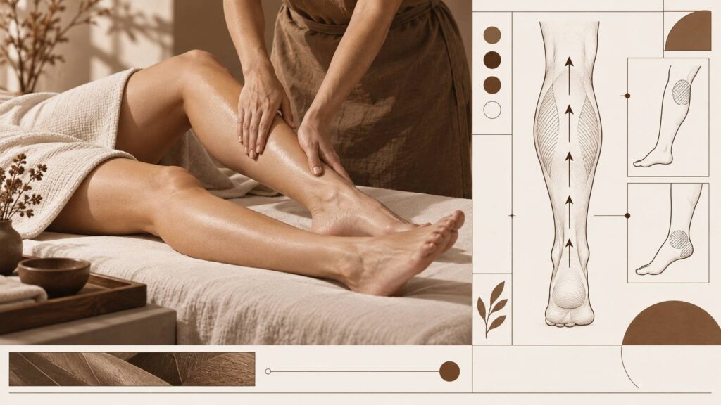 Illustration éditoriale du sujet : Massage des jambes : sens des manœuvres et zones écartées