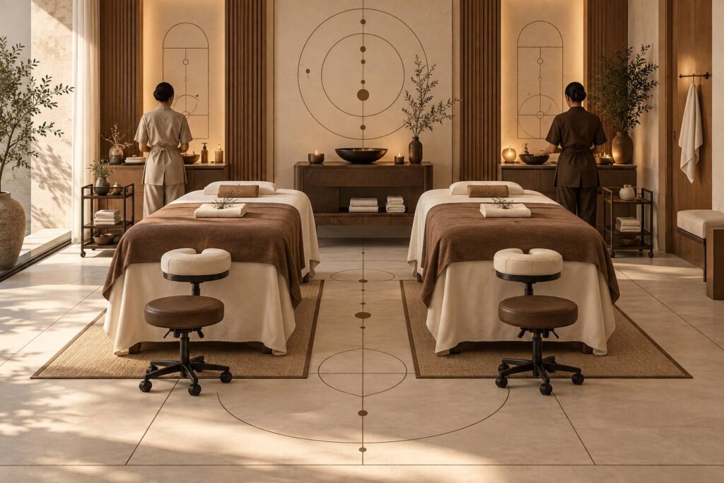 Illustration éditoriale du sujet : Massage en duo : deux tables, une cabine, ce qui change