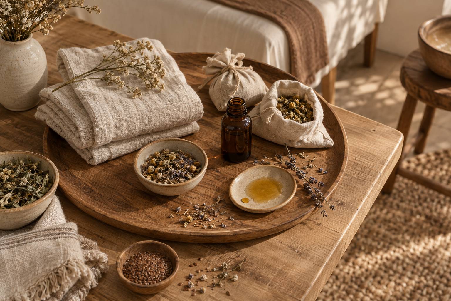 Sachets textiles d'herbes sechees et huile sur un plateau de preparation