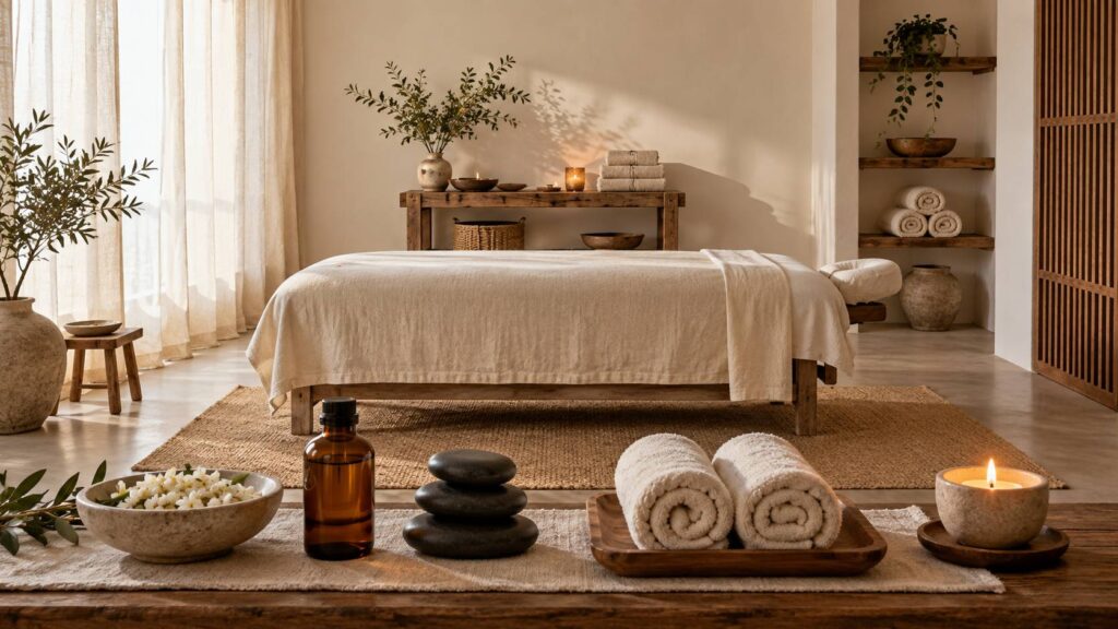 Table de massage drapée de lin ivoire avec flacon d'huile et fleurs blanches