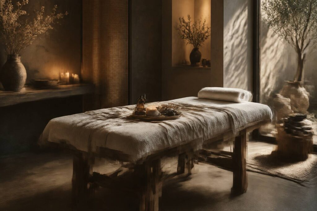Table de massage aux serviettes ivoire avec pierres chaudes et huile dans un institut