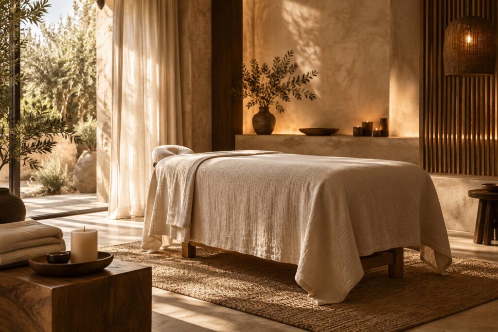 Cabine de massage avec table de soin recouverte d'un drap clair