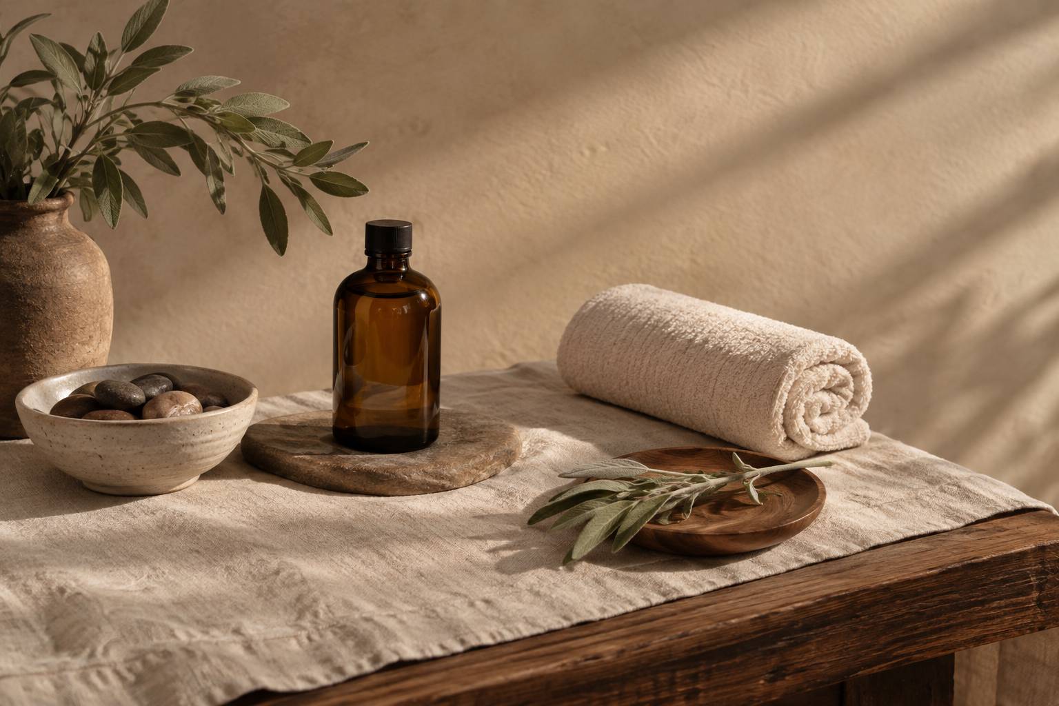 Flacon d'huile ambre et serviette roulee sur une console