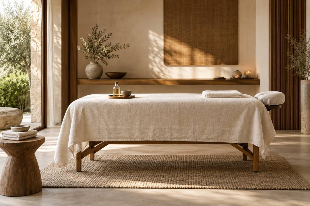 Cabine de soin sobre avec table de massage recouverte et flacon neutre