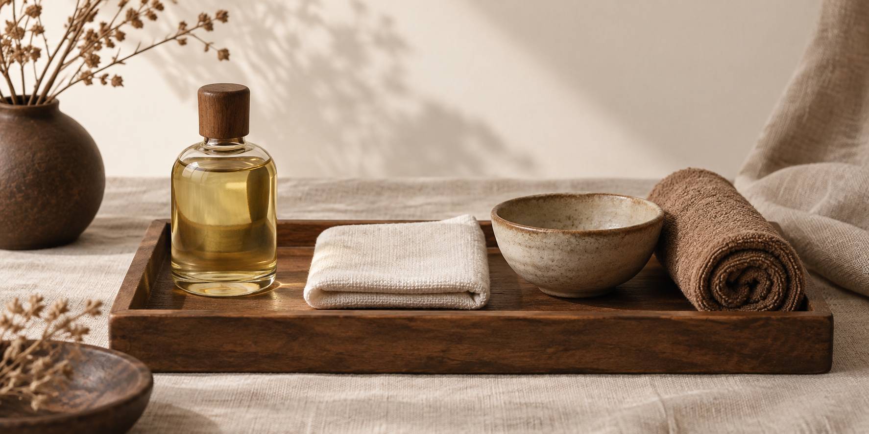 Plateau de soin avec flacon d'huile neutre et linge plie