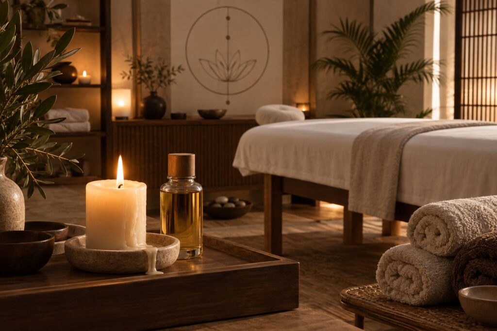 Salle de soin avec bougie de massage, coupelle de cire et serviettes roulées