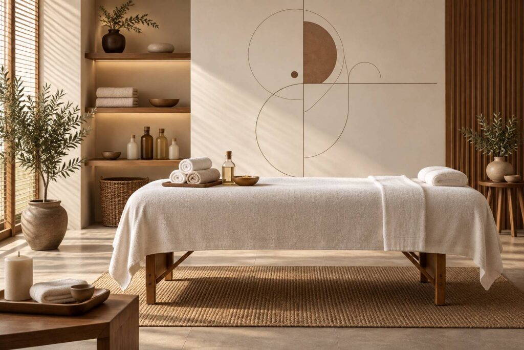 Salle de soin calme avec table de massage, serviettes roulées et flacons