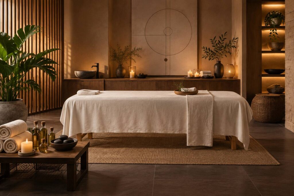 Table de massage préparée avec huiles et serviettes dans un cabinet