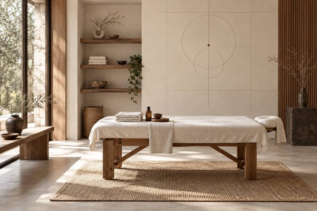 Table de massage préparée avec flacon d'huile et serviettes en lin
