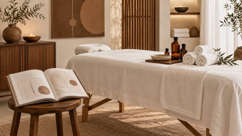 Table de massage drapée avec huiles et serviettes dans une cabine de soin