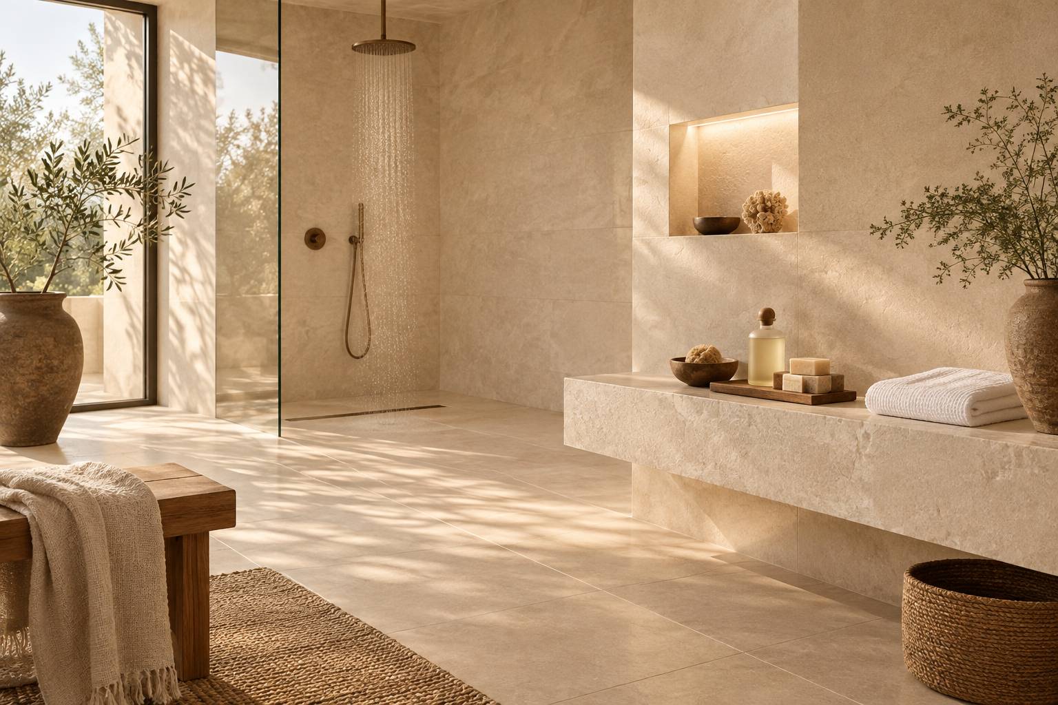 Pommeau de douche et serviette blanche avec flacon d'huile dans une salle d'eau de spa