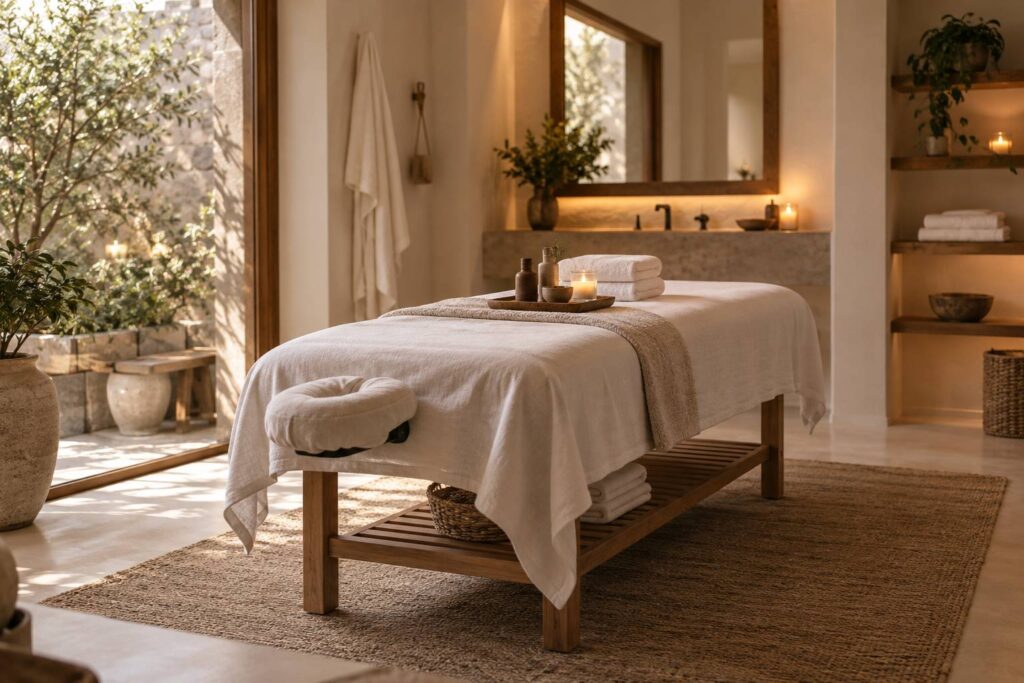 Salle de spa avec table de massage drapee et linge plie
