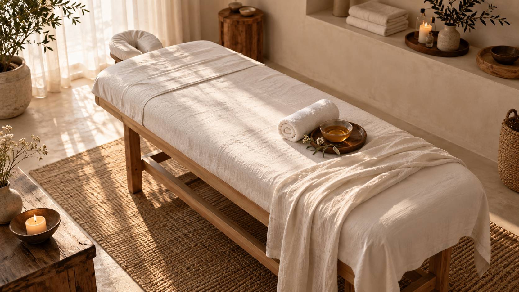 Drapage soigne sur une table de massage avec huile et serviettes