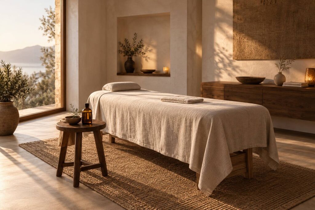 Salle de soin avec table de massage et coussin sous la nuque