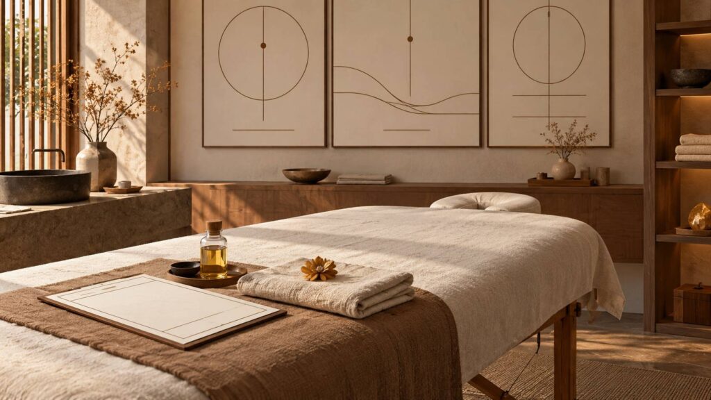 Serviette pliée, fiche vierge et huile de massage dans une cabine d'institut