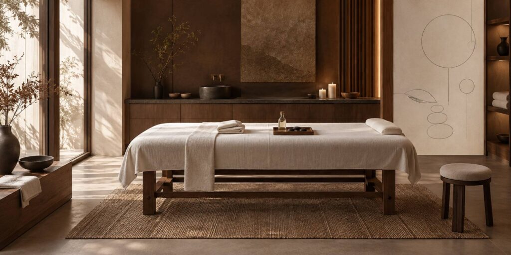 Table de massage préparée avec serviettes pliées et flacon d'huile