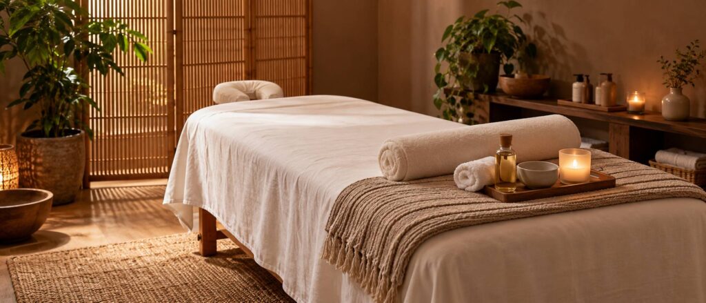 Table de massage recouverte d'un drap blanc dans une cabine de soin tamisee