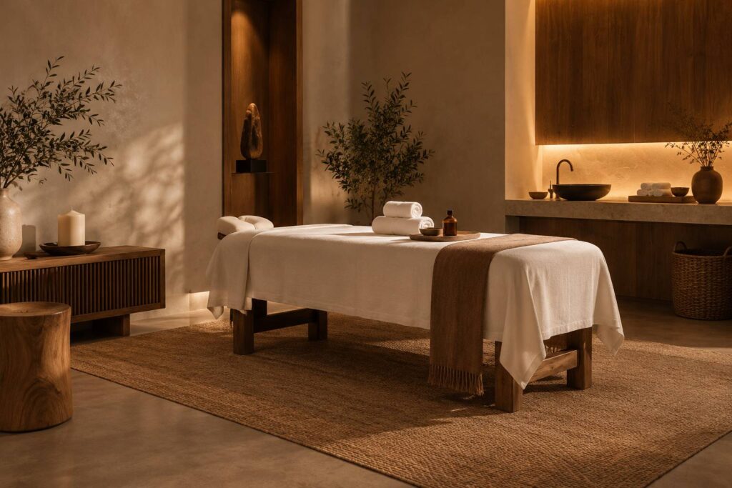 Espace de soin epure avec table de massage, serviettes et flacon d'huile