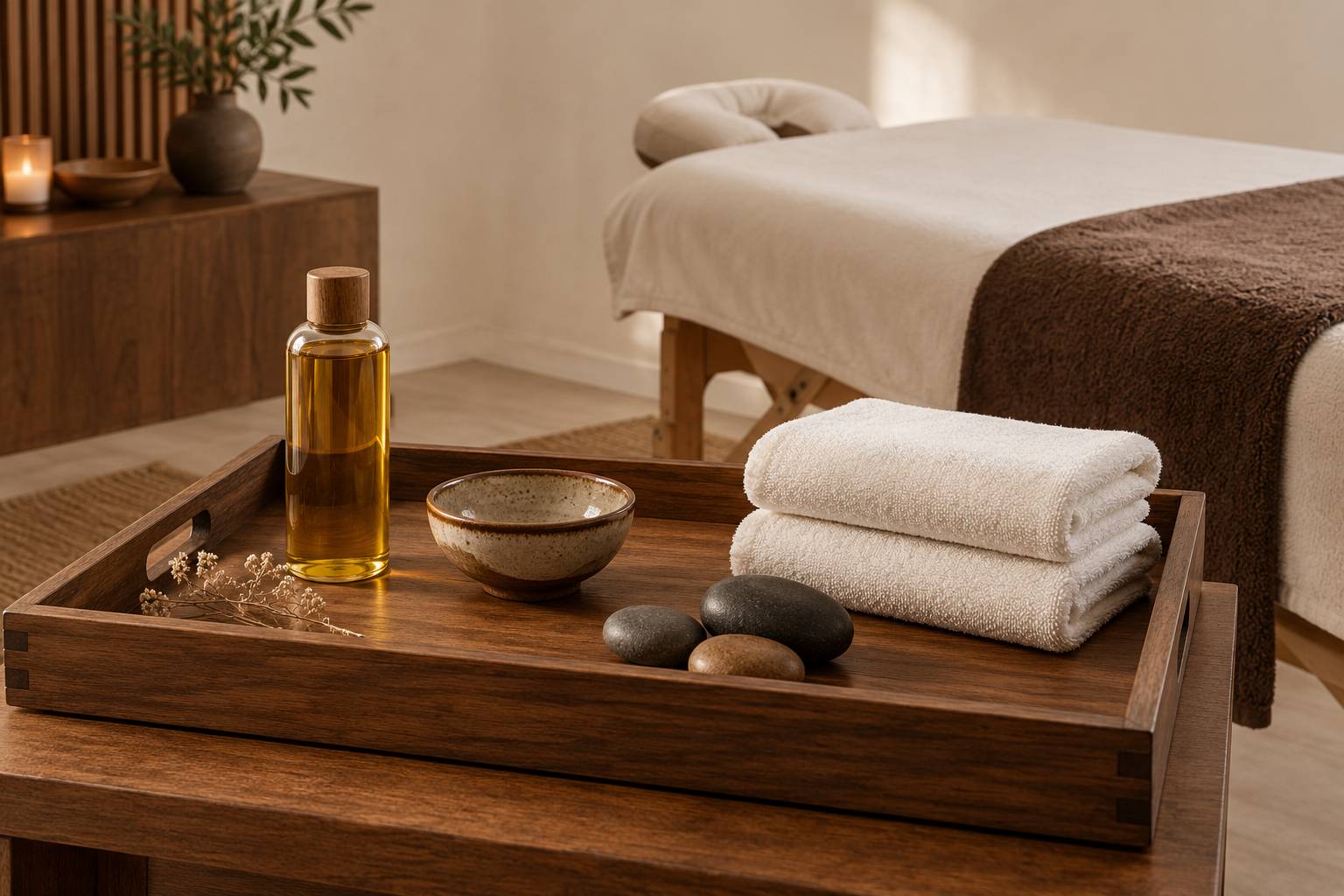 Plateau de soin avec huile de massage, serviettes pliees et galets sur une table