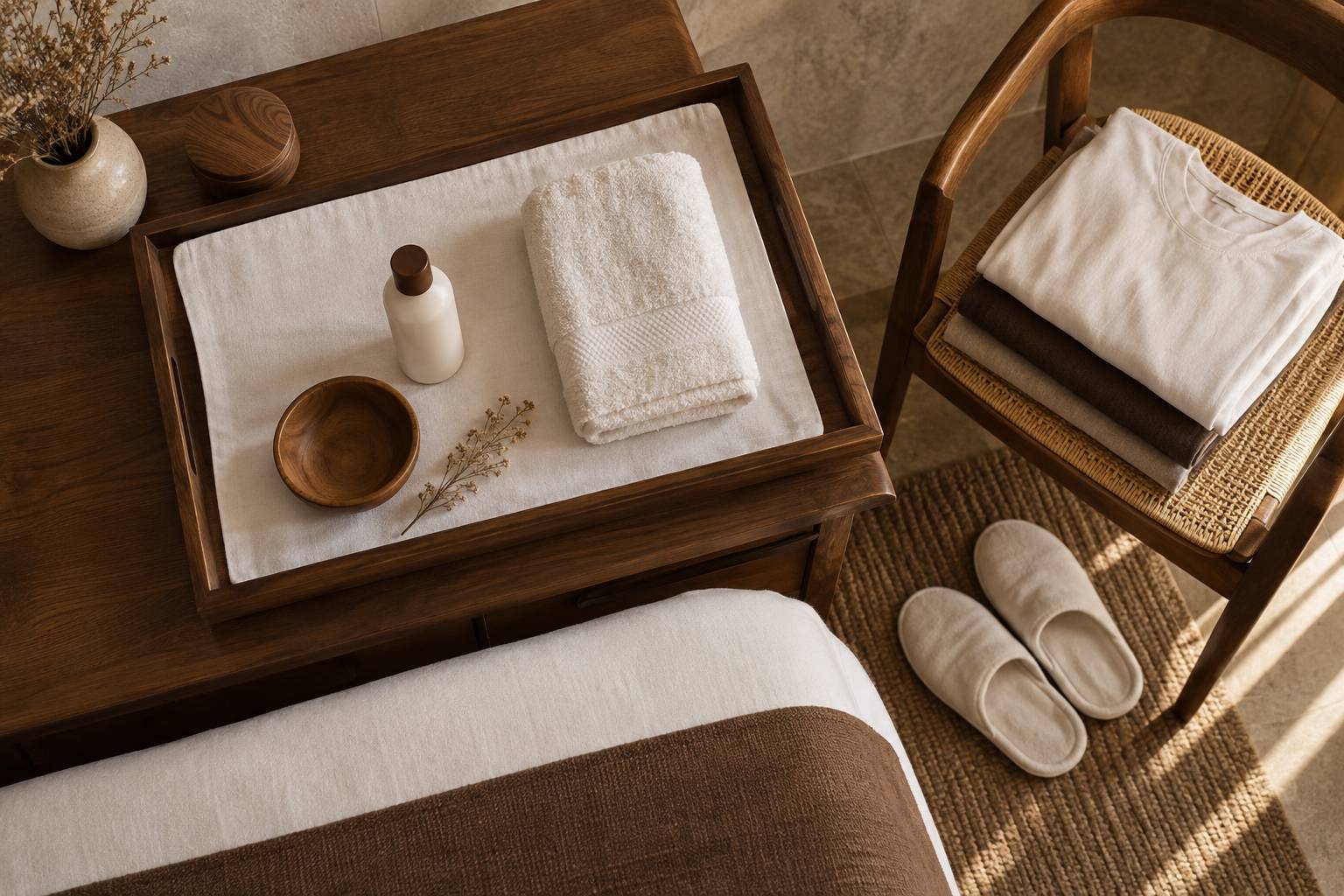 Ensemble de serviettes pliées, flacon d'huile de massage et vêtements souples dans une cabine