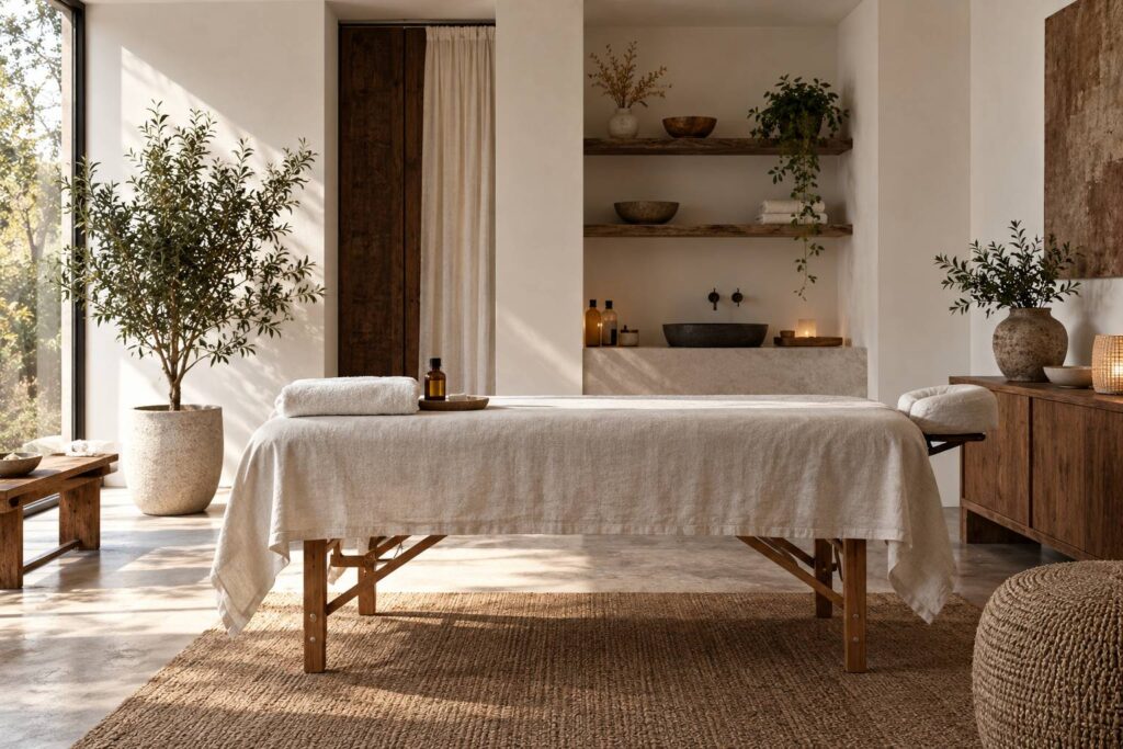 Espace de soin avec table de massage, serviette et flacon d'huile