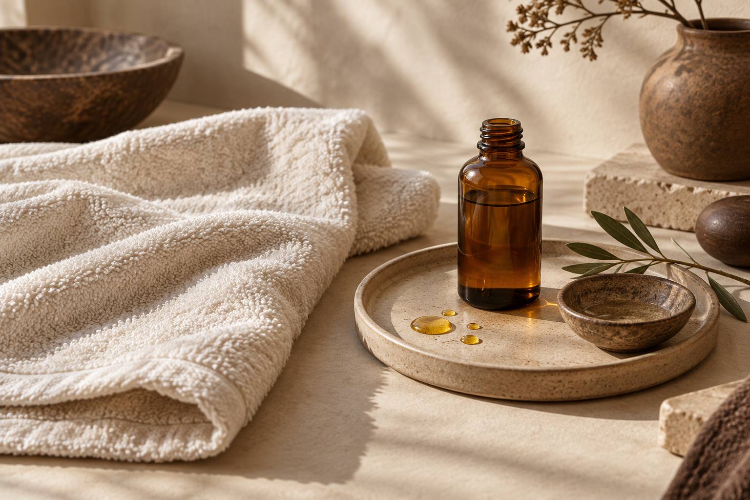 Serviette éponge et flacon d'huile de massage sur un plateau en céramique