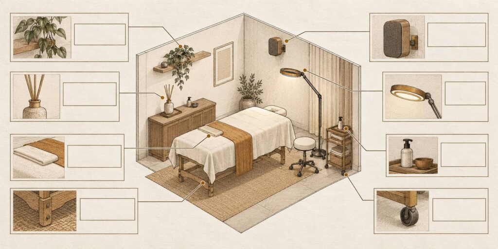 Planche technique sur papier lin d'une cabine de soin avec table de massage, enceinte, luminaire et diffuseur