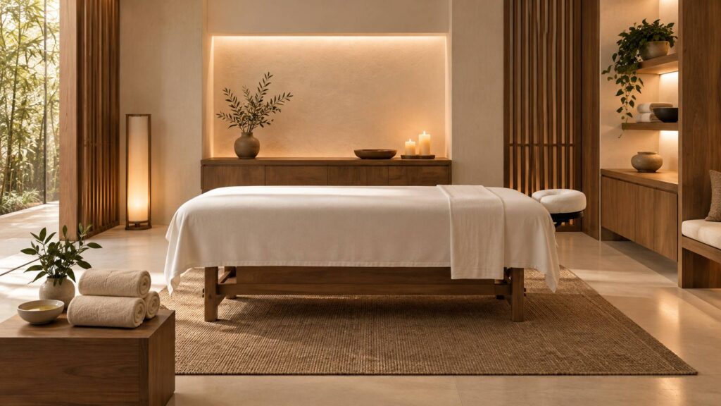 Table de massage drapee de blanc dans un spa epure