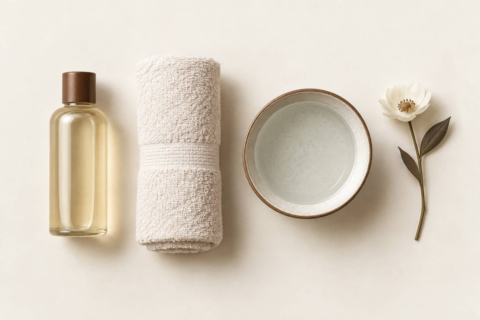 Flacon d'huile de massage et serviette roulee sur un plan creme