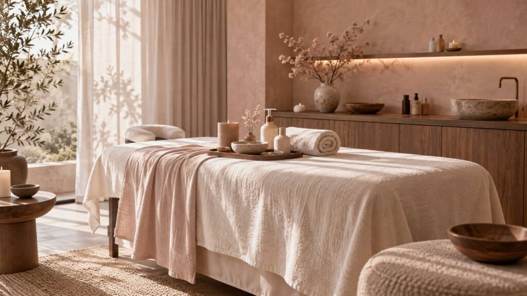 Cabine de soin avec table de massage, flacons sans étiquette et serviette roulée